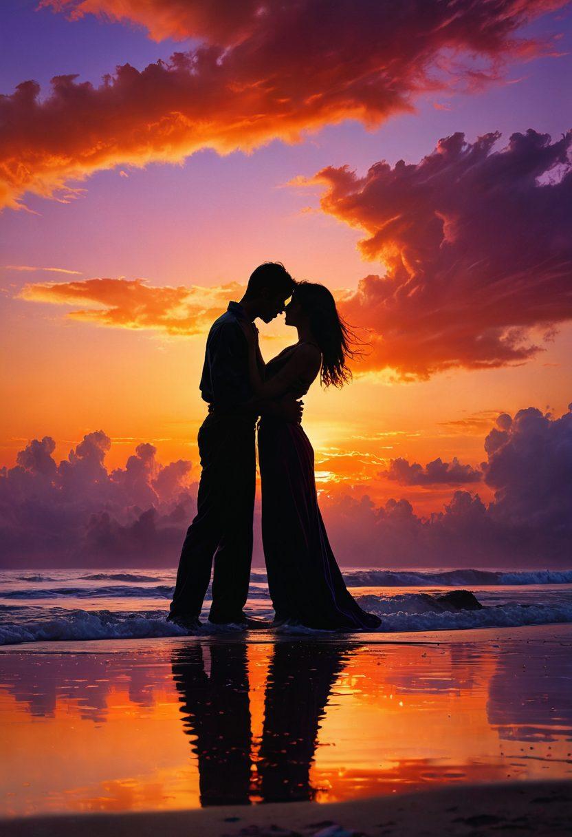 A captivating scene of two figures, silhouetted against a fiery sunset, standing close yet reaching for each other, symbolizing deep yearning and passion. Soft, swirling colors of orange, red, and purple enhance the mood of desire and connection, while flowers and soft light surround them as a metaphor for intimacy. Include an ethereal, dream-like quality to evoke emotion and connection. super-realistic. vibrant colors. dreamy atmosphere.