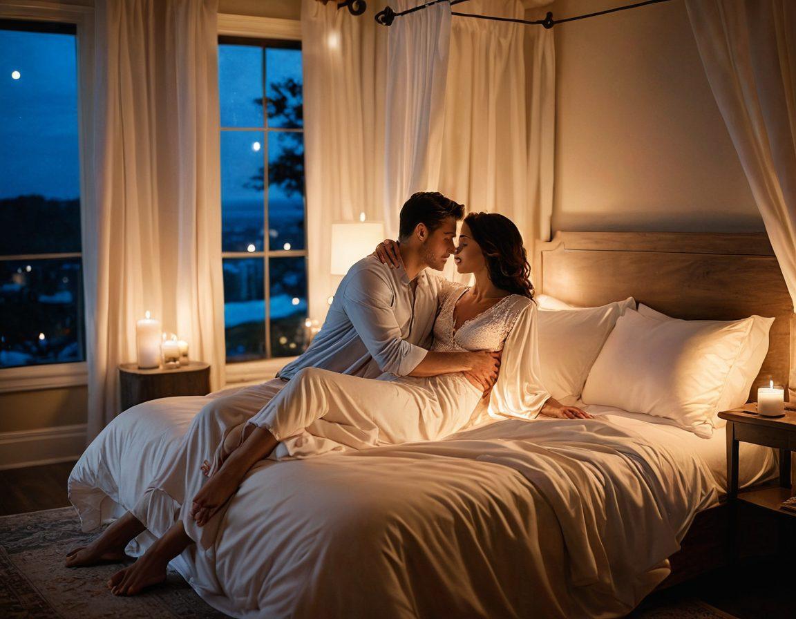 A warm, inviting bedroom scene featuring a couple sharing an intimate moment, surrounded by soft linen fabrics, dim lighting, and candles. Include elements of connection like intertwined hands and gentle eye contact, highlighting a sense of trust and love. Incorporate soothing colors like blush and soft blues to create a calming atmosphere. super-realistic. warm tones. intimate ambiance.