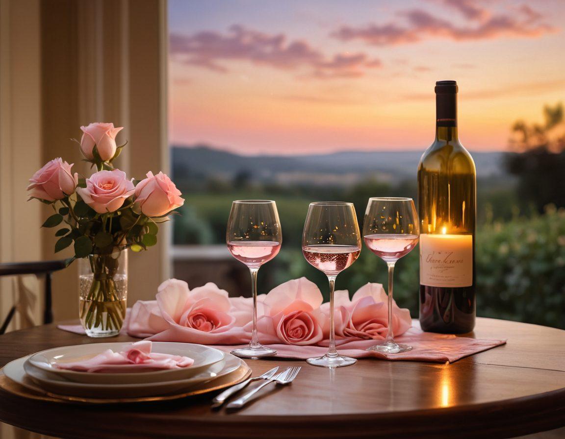 A warm, inviting scene of a candlelit dinner table adorned with soft pink roses and delicate wine glasses, symbolizing romance and intimacy. In the background, a pair of silhouettes embracing under a starry sky, conveying deep connection and passion. Soft golden light filters in, enhancing the cozy atmosphere. super-realistic. vibrant colors. warm tones.